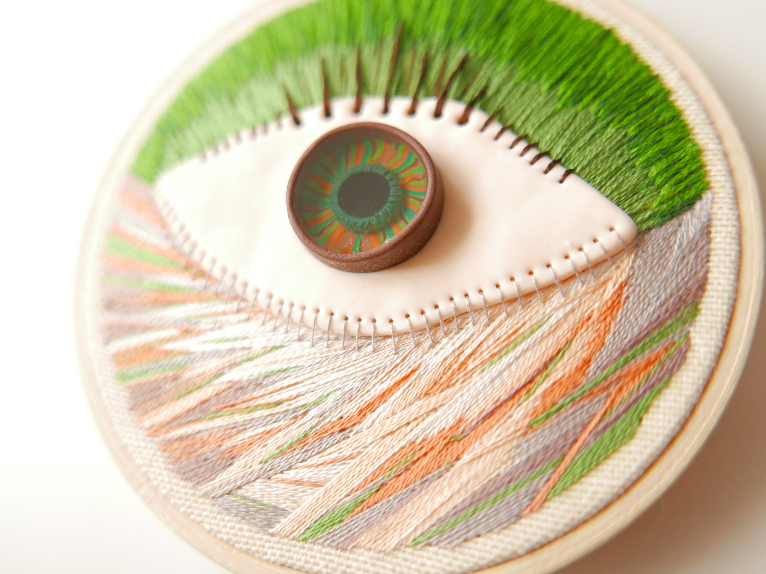 Hand embroidered polymer clay eye on a hoop