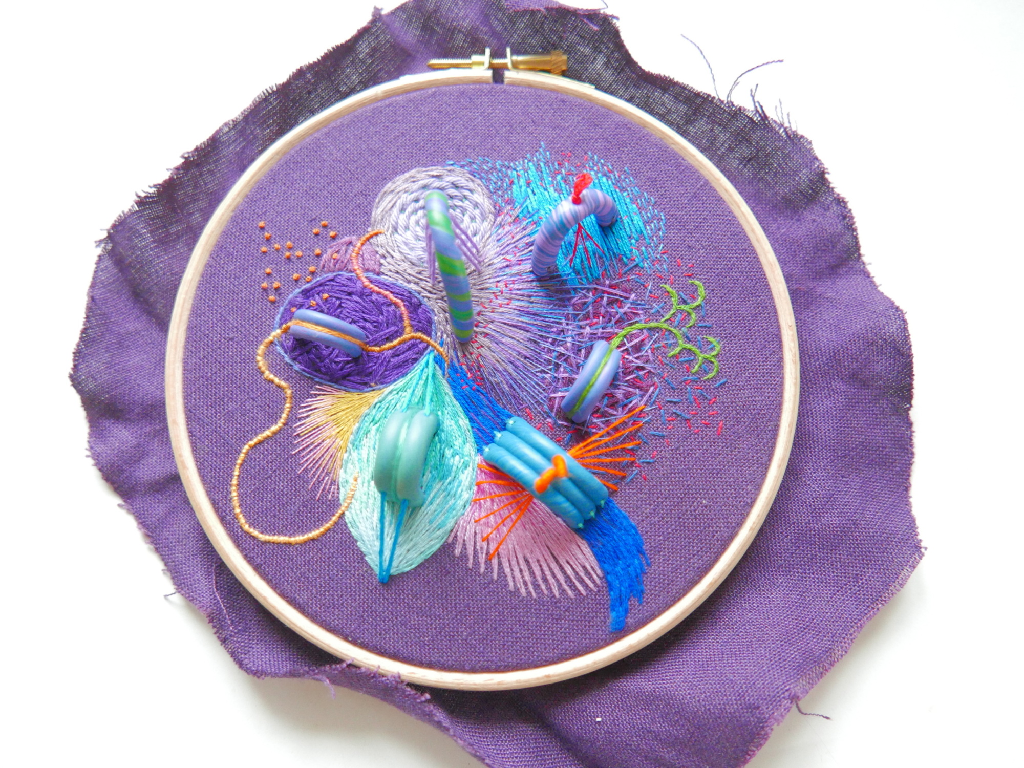 Fine art embroidery 'The Mother of Form' mixed with polymer clay